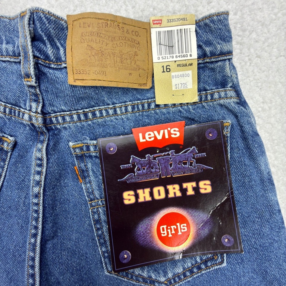 Vintage 90s Levis 550 Slim Girl Denim Shorts Size 16 Blue NWT NOS Y2K Orange Tab